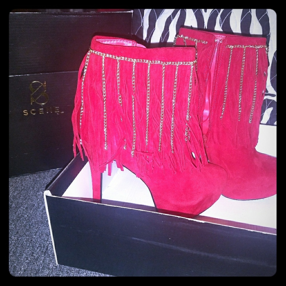 Shoedazzle Red Hot Fringe Booties